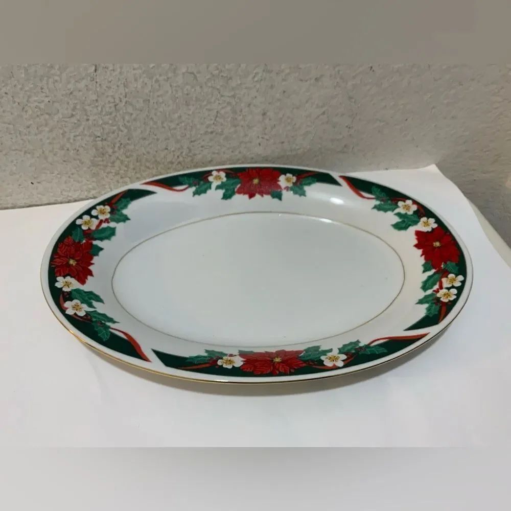 Tienshan 14 3/8" Deck The Halls Oval Platter Christmas Poinsettia Serving Dish